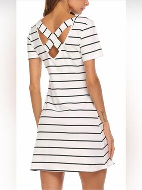Striped Crisscross Back Mini Dress - White/Black